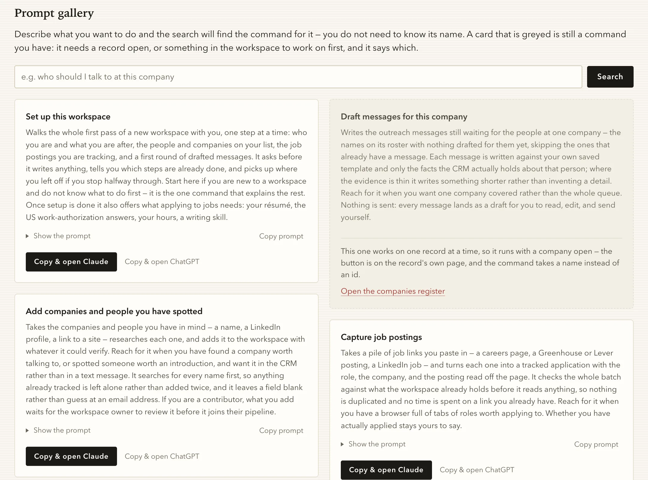 The prompt gallery: a search box and cards for commands such as Set up this workspace, Add companies and people you have spotted, Draft messages for this company and Capture job postings, each with buttons to copy the prompt and open Claude or ChatGPT.