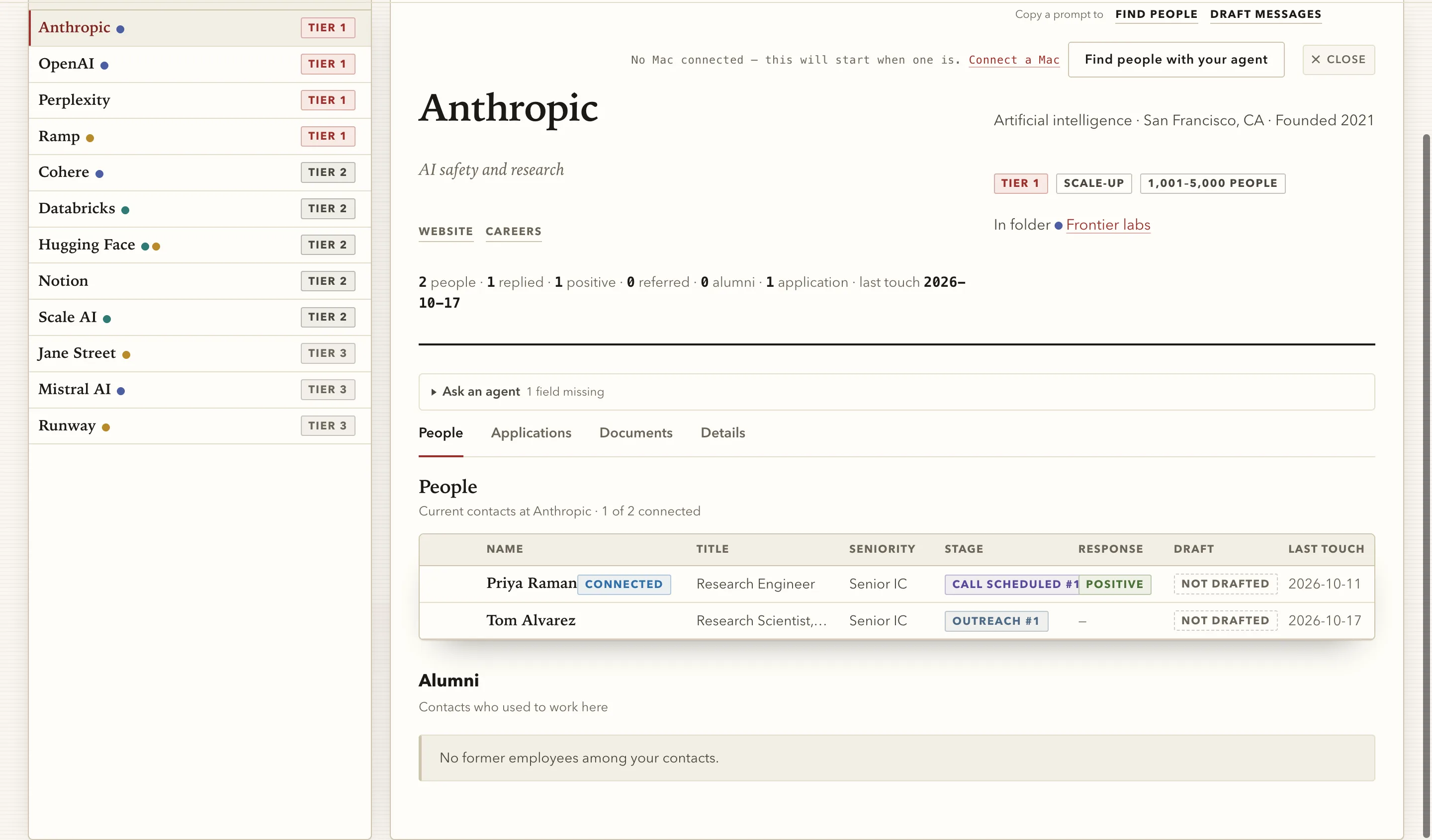 A company page in split view: the list of target companies by tier on the left, and on the right the company's profile, a rollup of people, replies and applications, and a table of two contacts with their stages.